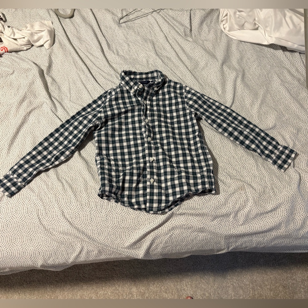 Green and White Janie and Jack Boys Plaid Button-Up Shirt Size 5